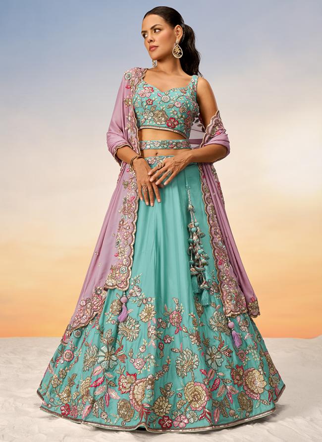 Pure Georgette Turquoise Blue Party Wear Sequins Work Lehenga Choli